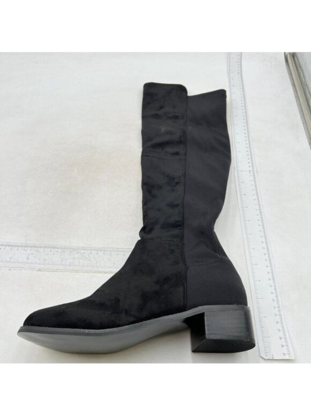 Knee High Boots Women Faux Leather Elastic Boots Low Heel Round Toe Side Zipper